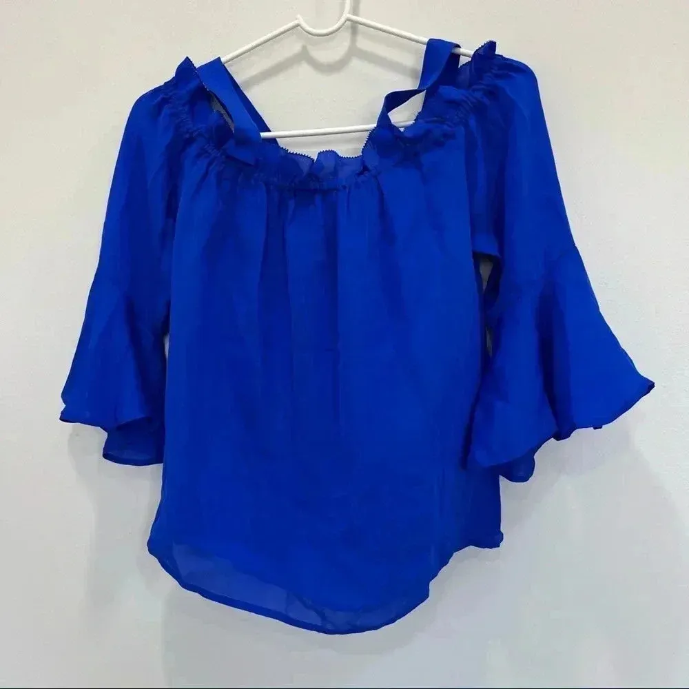 J Crew Women Cold-shoulder top with bell sleeves Size 2 Sapphire Blue - Image 4