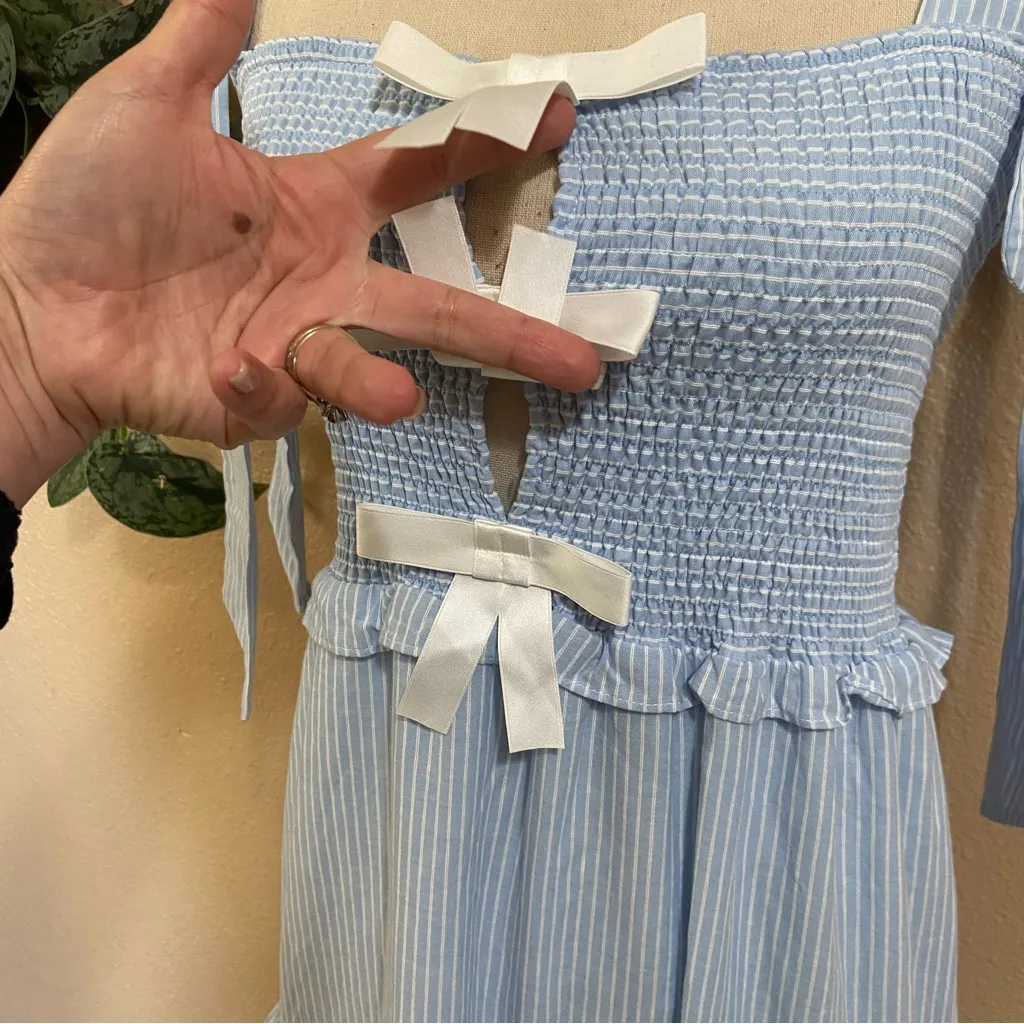 NWOT Sister Jane Kansas Blue Striped Tiered Smocked Tie-Strap Bow Midi Dress - Image 6