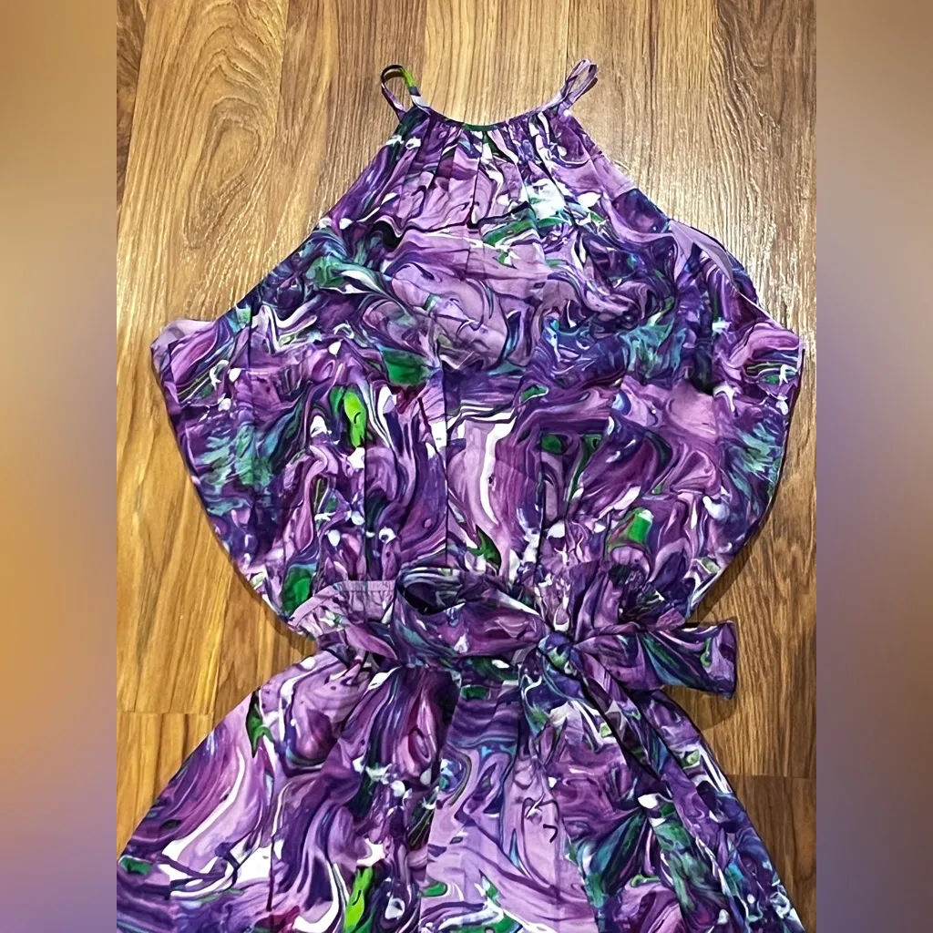 Kareno Halter Neck Wide Leg Jumpsuit purple and green marble print Size S - Image 4