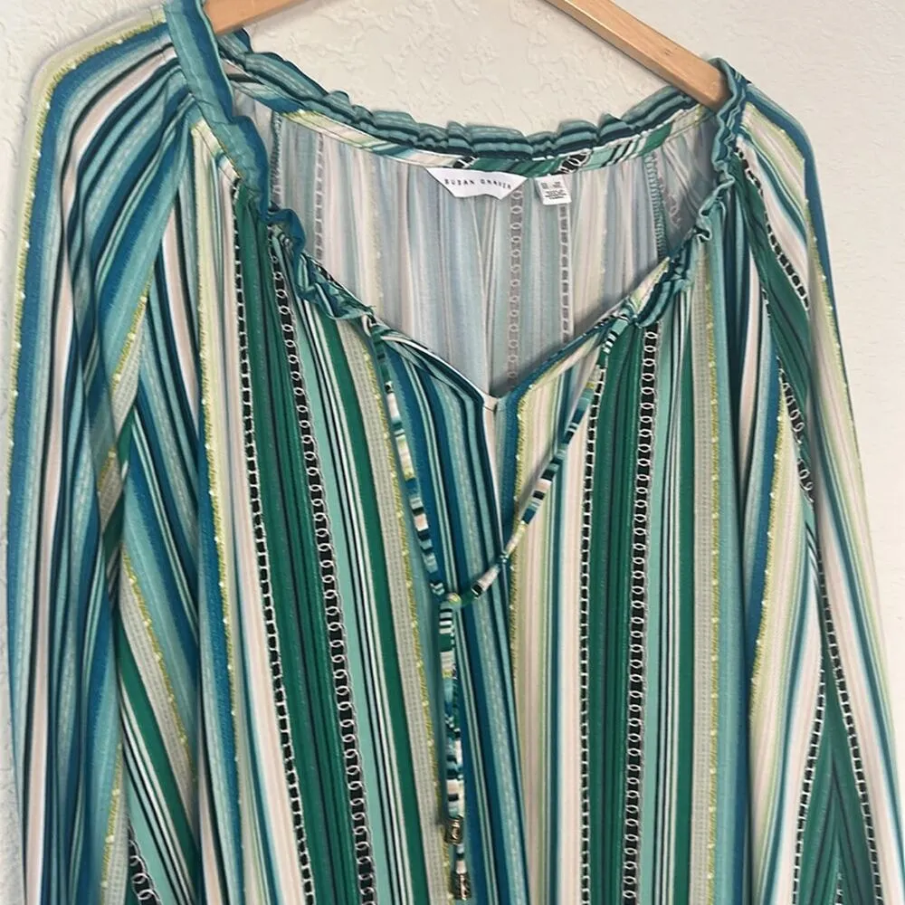 Susan Graver Liquid Knit Green Boho Stripe Print Resortwear Long Sleeve Size 3X - Image 2
