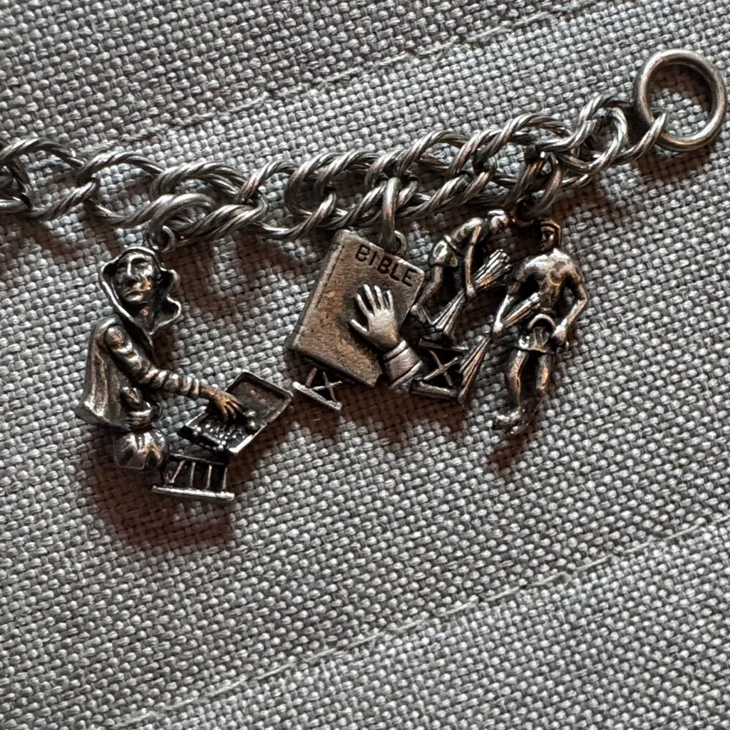 Vintage signed Coro Silver Ten Commandments Charm Bracelet - Image 6