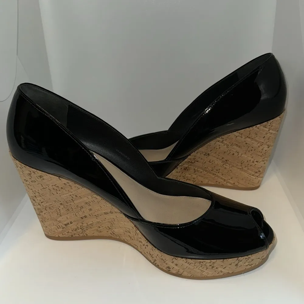 Via Spiga Black Patent Leather & Cork Platform Wedges Peep Toe Women’s 8 Tan - Image 6