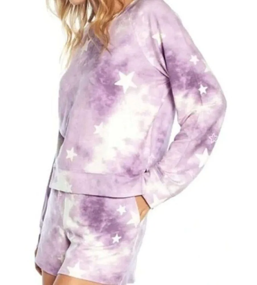 WILDFOX Purple Tie Dye Sweatshirt + Short Lounge Set Size: XL - NEW - Image 4