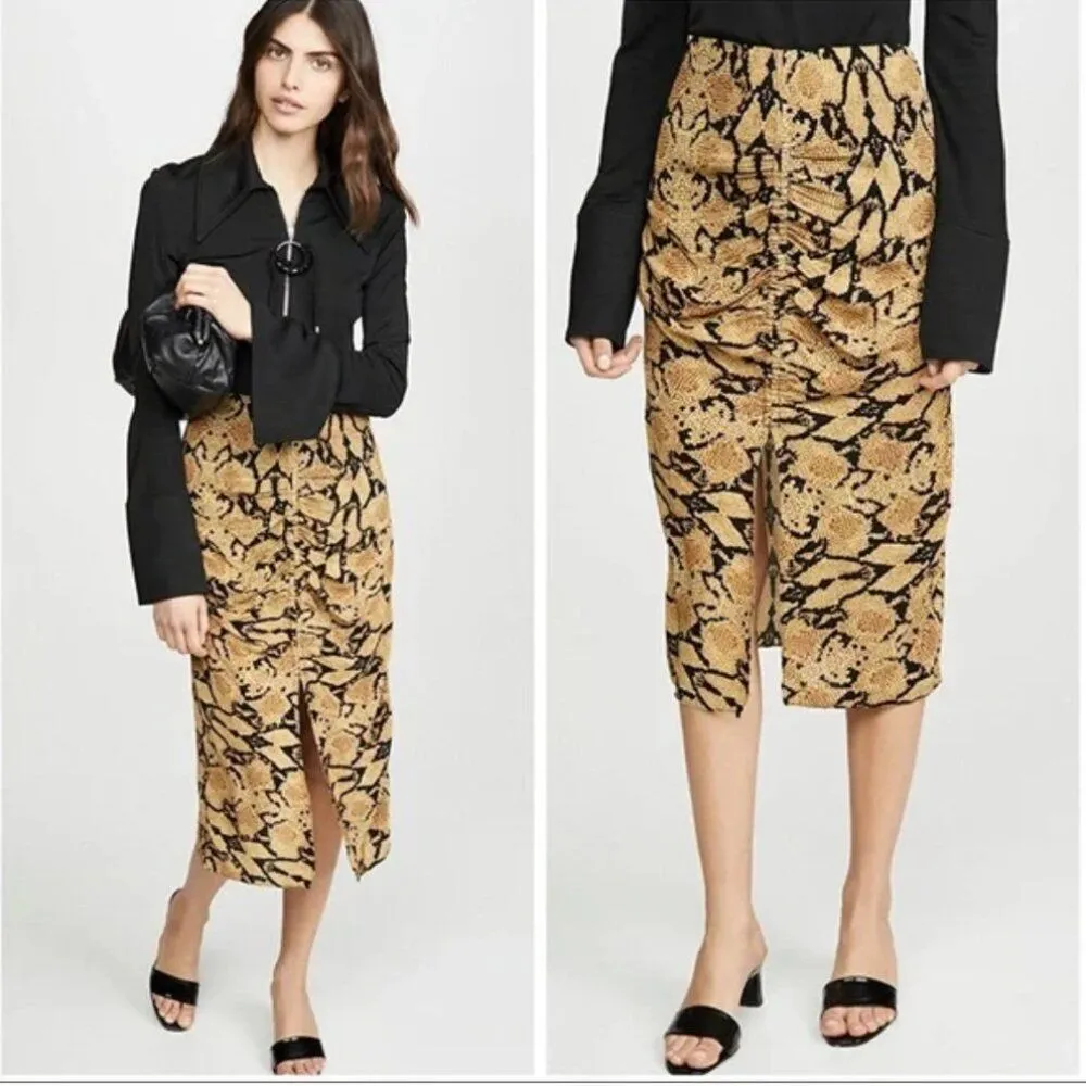 BA&SH Jupe Carry Midi Skirt, Slit, Ruched, Snakeskin, Size 2 (8/M) - Image 3