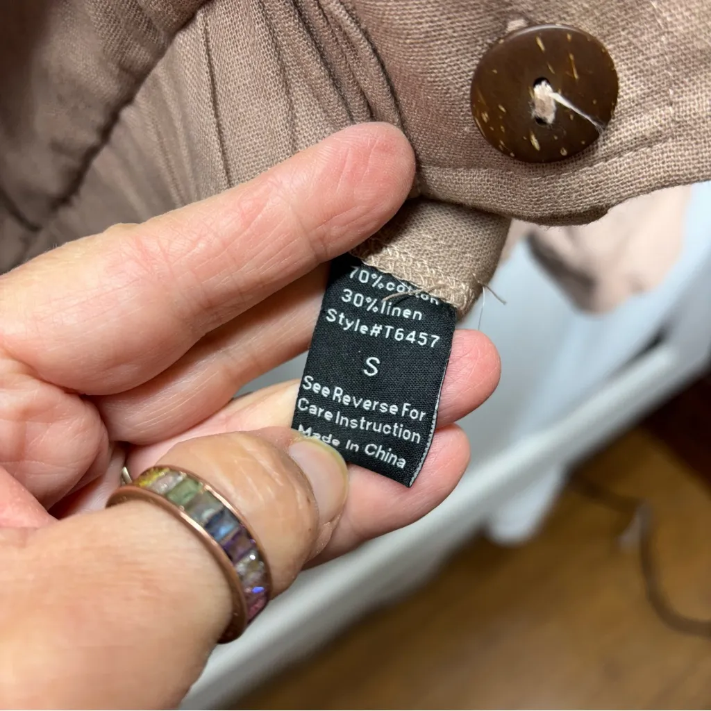 MINE Cropped Linen Brown Button Up Roll Tab Jacket Sz S‎ - Image 3