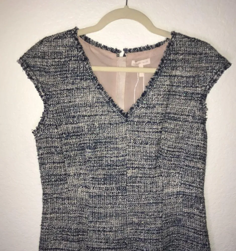 Rebecca Taylor Dress Sleeveless Tweed V-Neck Frayed Edges Blue Cream Sz 10 NWT - Image 3