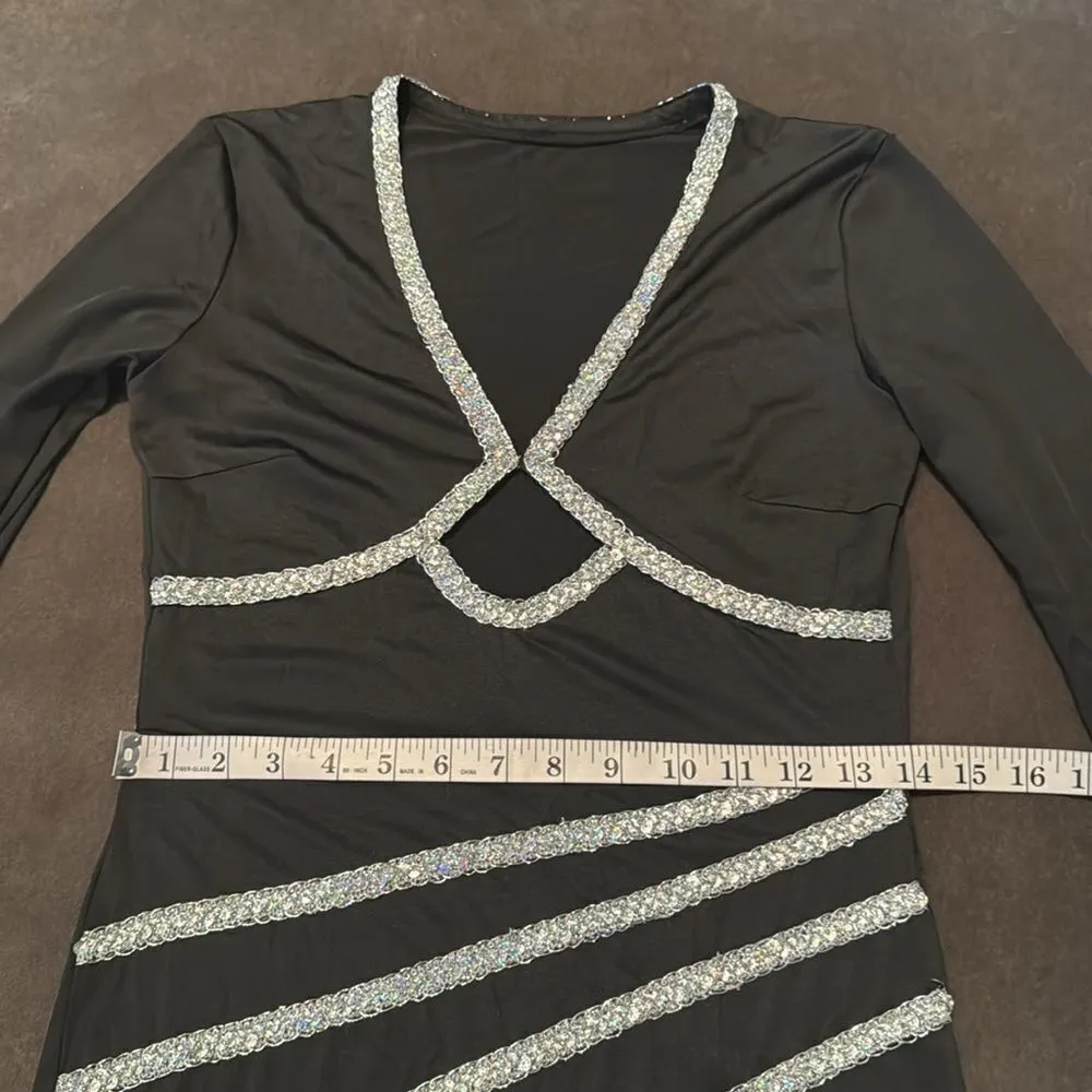 Black Long Sleeve BodyCon Club Party Event Dress Silver Detail Size L NEW Size L - Image 6