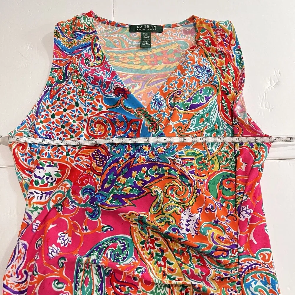 Ralph Lauren‎ Pink Teal Paisley Surplice V Neck Sleeveless Stretch Dress MEDIUM - Image 6