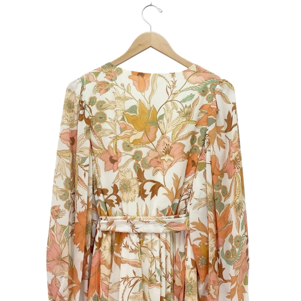 Böhme Floral Midi Dress Size Medium Long Sleeve Belted Pleated Boho Peach Sage - Image 7