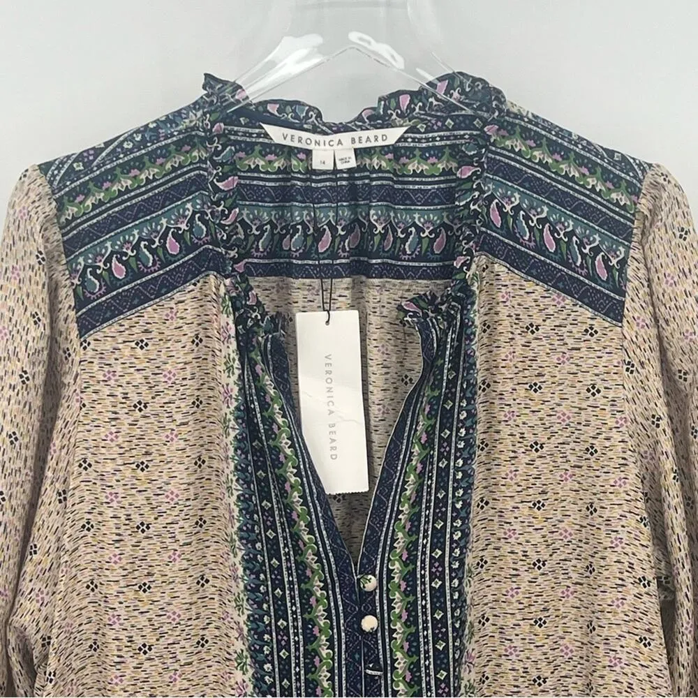 Veronica Beard Lumi 100% silk dress ruffle hem knee length tan navy size 14 NEW - Image 5