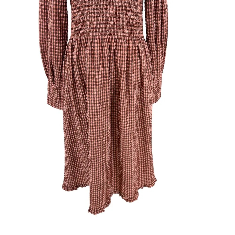 Scotch & Soda Smocked Seersucker‎ Plaid Midi Dress Coral Pink Size XL - Image 6