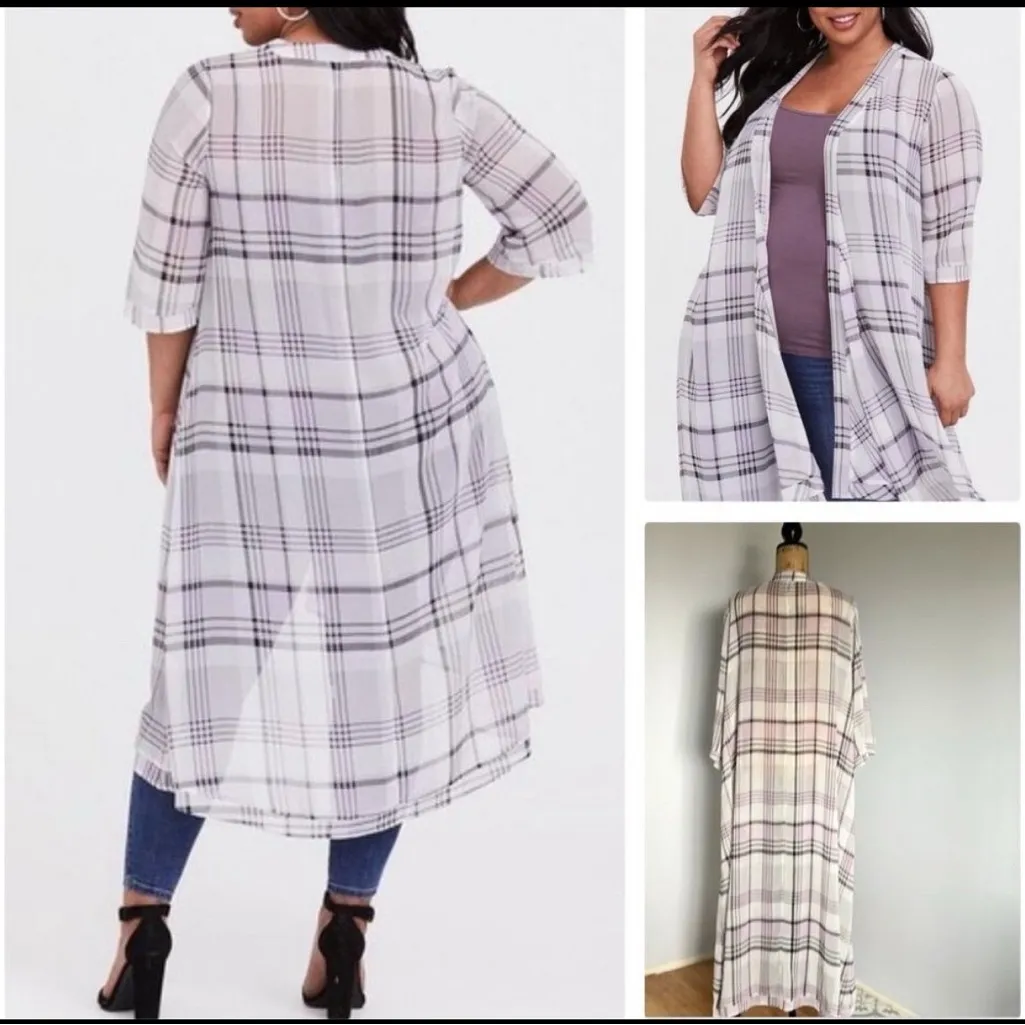 Torrid Kimono Duster Length Sheer Plaid 3/4 Longline - Image 4