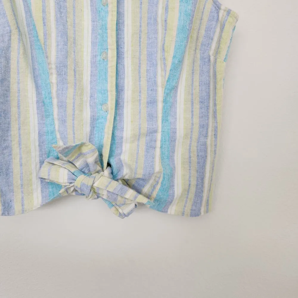 Vintage JG Hook Pastel Green Blue Purple Striped Linen Blend Button Down Top S - Image 3