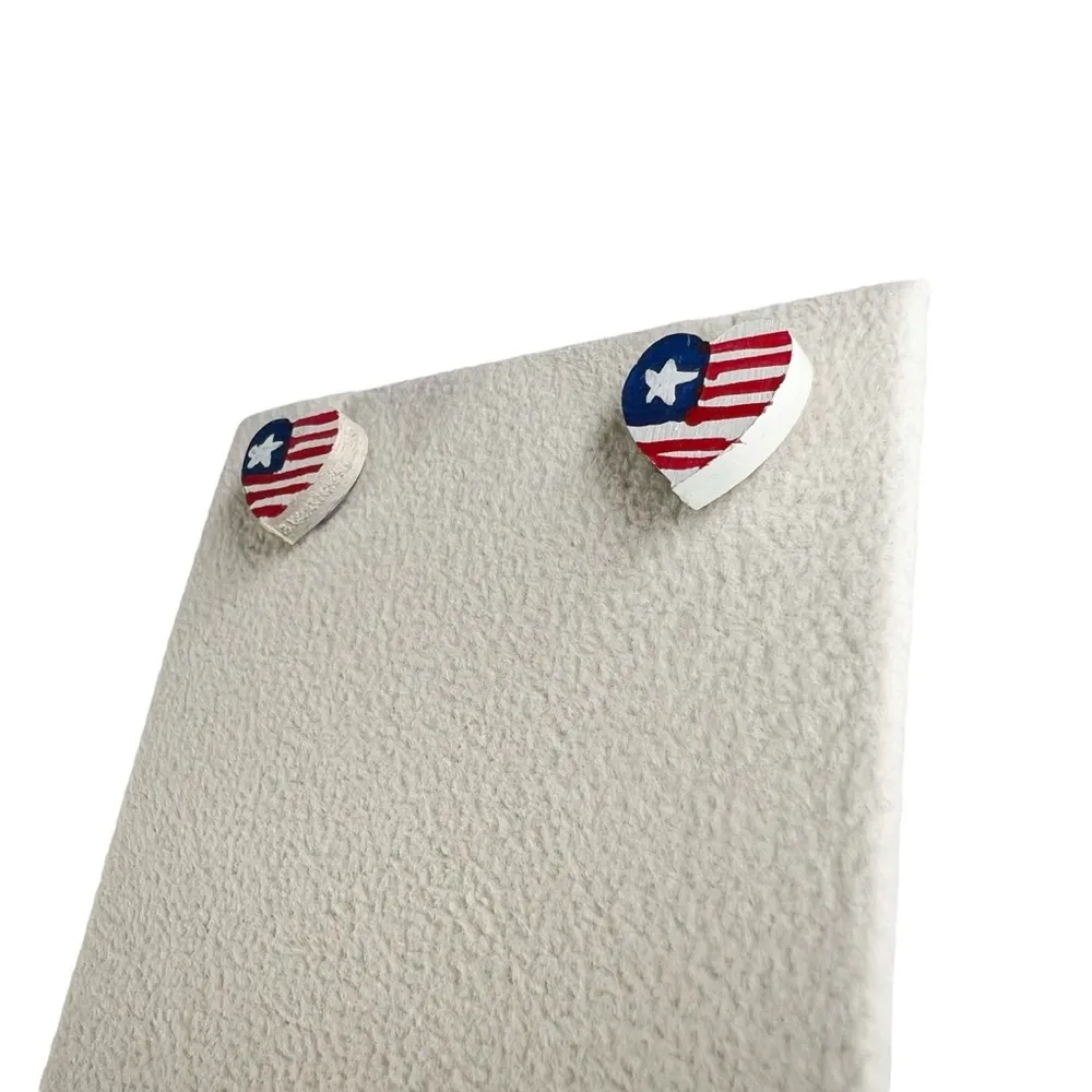 Handmade Hand Painted Heart American Flag Stud Wooden Earrings Blue - Image 3