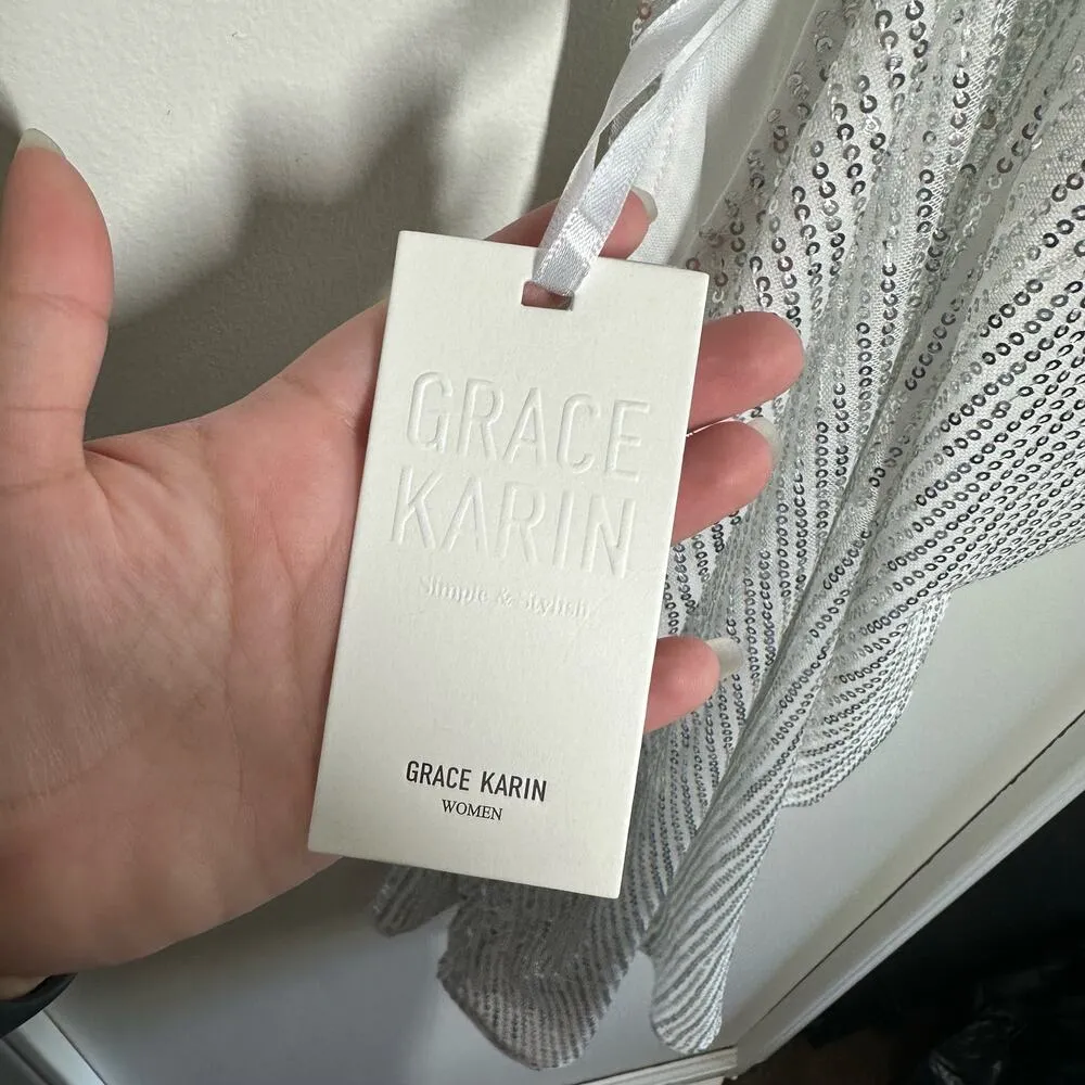 NEW GRACE KARIN Sequin Sparkle Tank Tops Halter Neck Knot Silver Size Small - Image 6