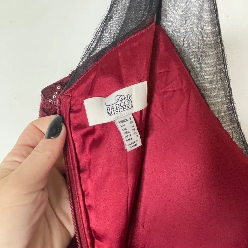 Belle by Badgley Mischka Wine Lace Overlay Dress - Image 2