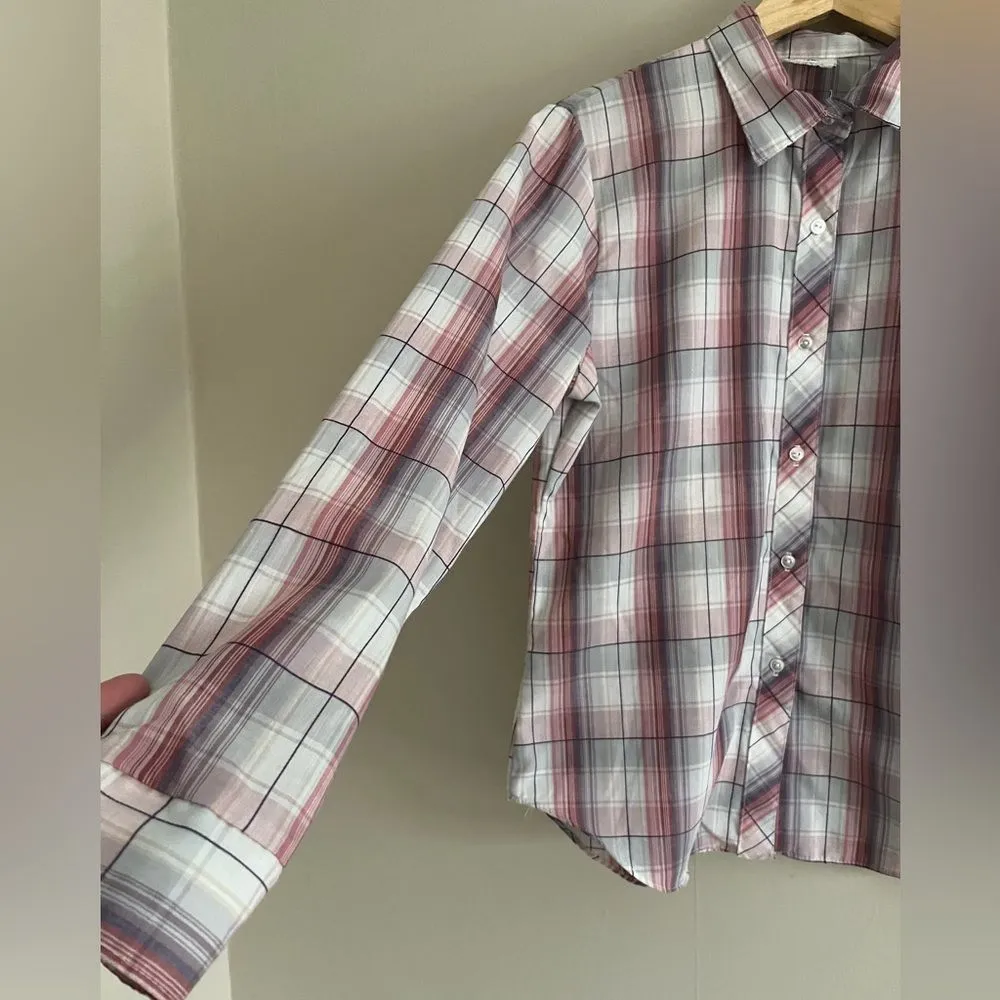 Vintage Shirt Accent Plaid Blouse Pink Gray White Sheer Button Up Top 36 Purple - Image 5