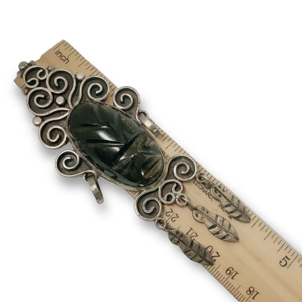 Vintage 925 Sterling Silver Carved Obsidian Pin Brooch Warrior Mask Black Mexico - Image 6