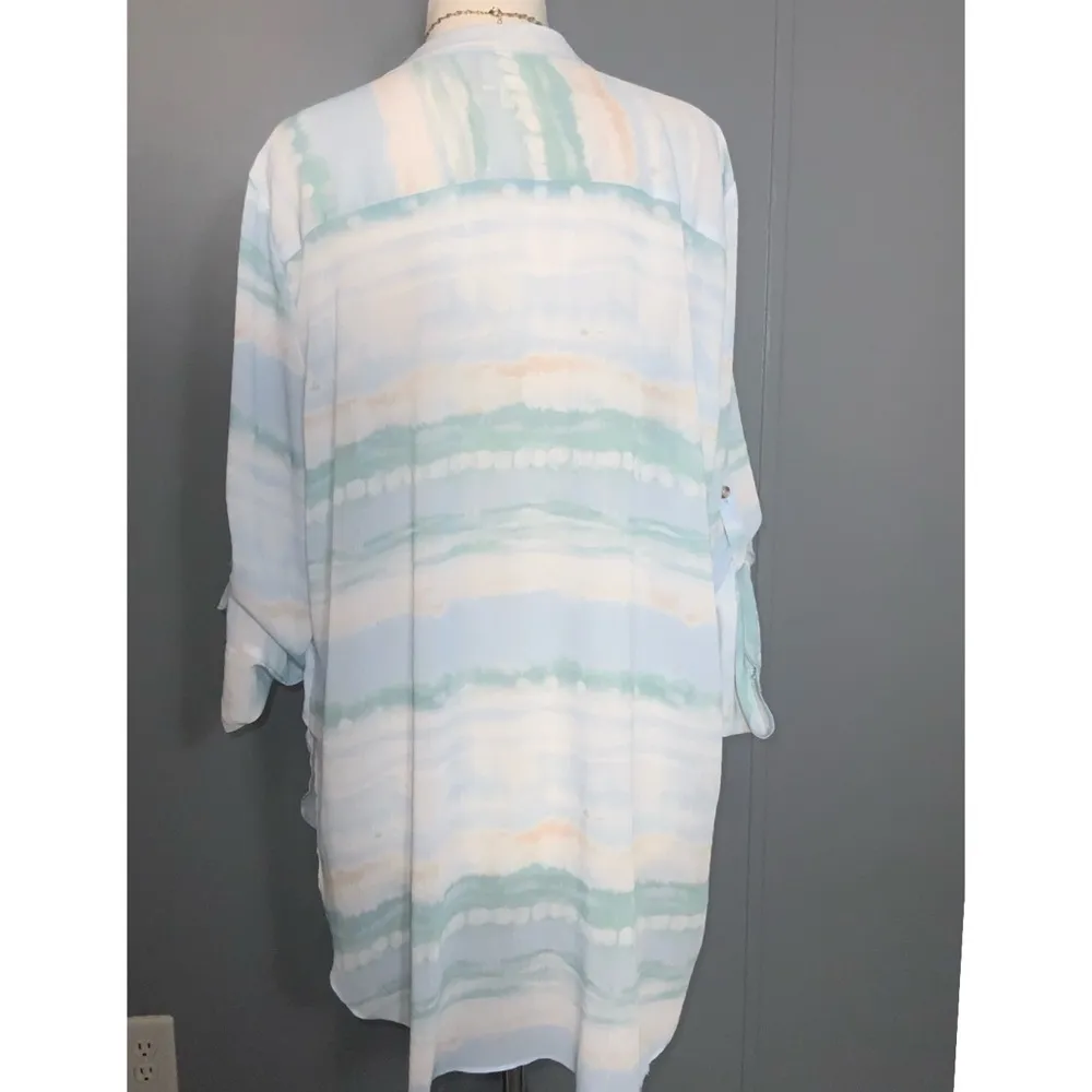 Truself Pastel Watercolor Loose Tunic Tab Sleeves V-Neck & Olive Green Kimono 1X - Image 4