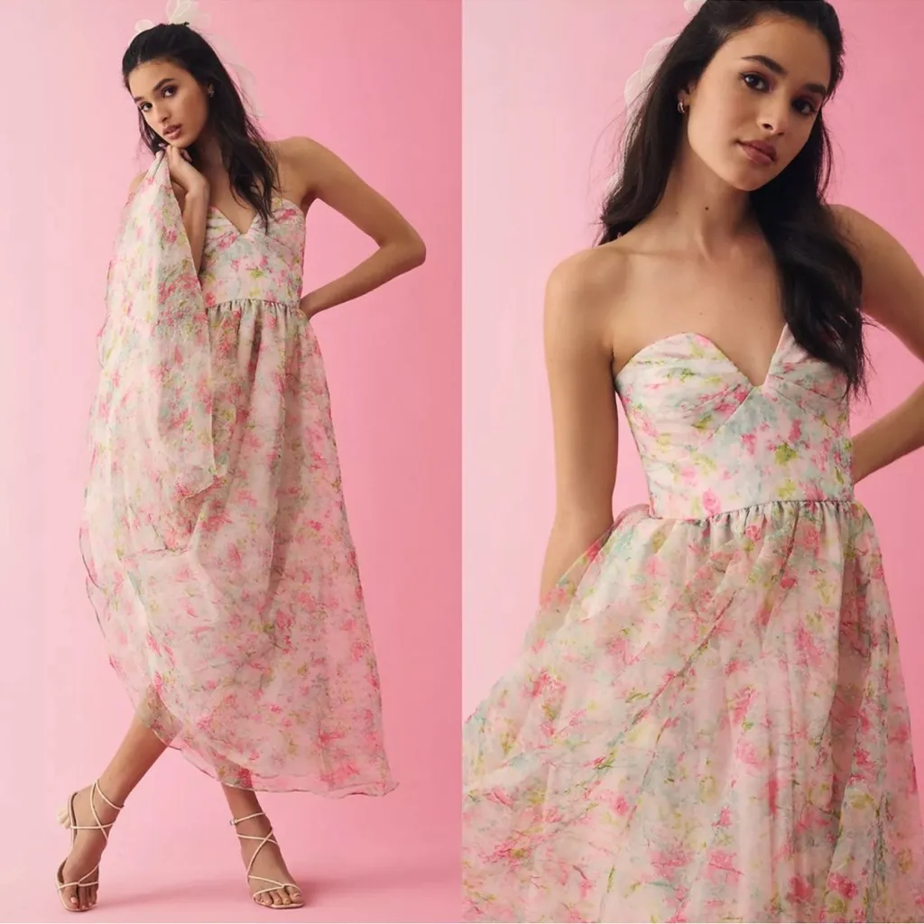 ML Monique Lhuillier Anthropologie Strapless Sweetheart Organza Dress Floral - Image 2