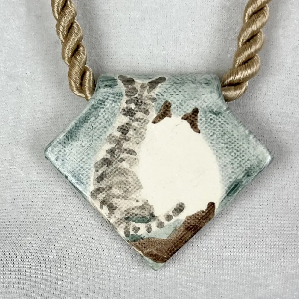 Handmade Rope Cord Necklace with Large Hand Painted Cat Friends Clay Pendant - Image 2