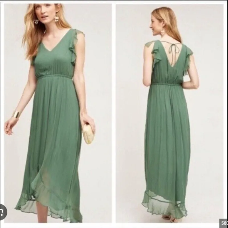 HD In Paris Green Midi Ruffle‎ High Low Butterfly Sleeve Dress 2P Petite Strappy - Image 2
