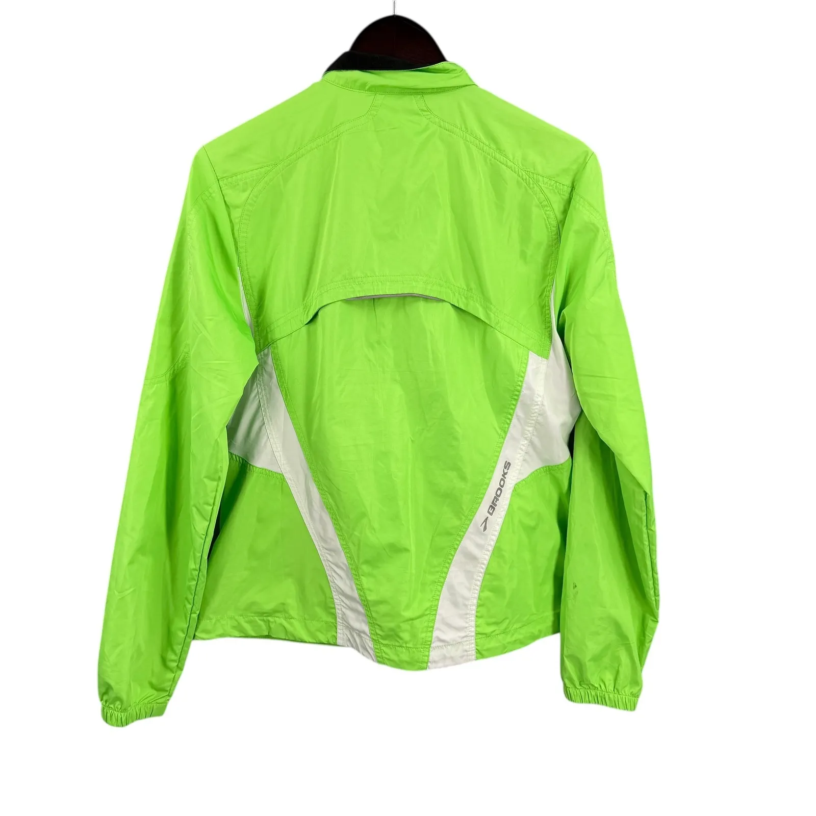 Brooks Womens Running Jacket Green Hi Viz Reflective Windbreaker Vented Medium - Image 4