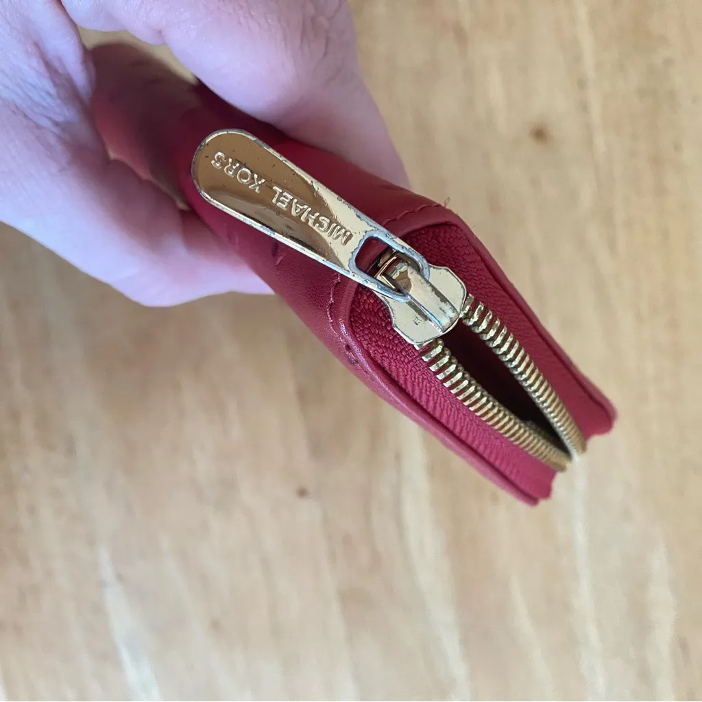 Michael Kors Red Textured Wallet with Gold Accents missing wristlet strap - Image 3