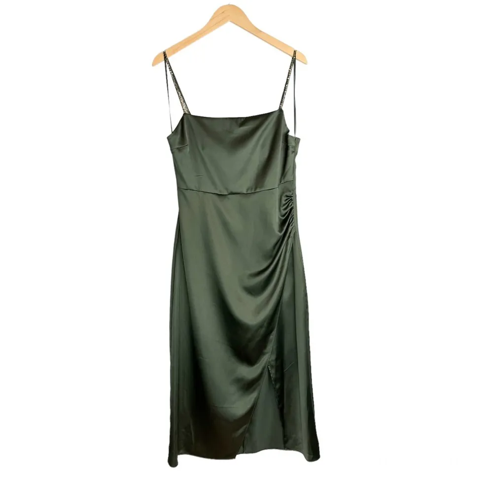 NWT Zara Green Satin Effect Midi Wrap Dress Sz Large Beaded Straps - Image 4