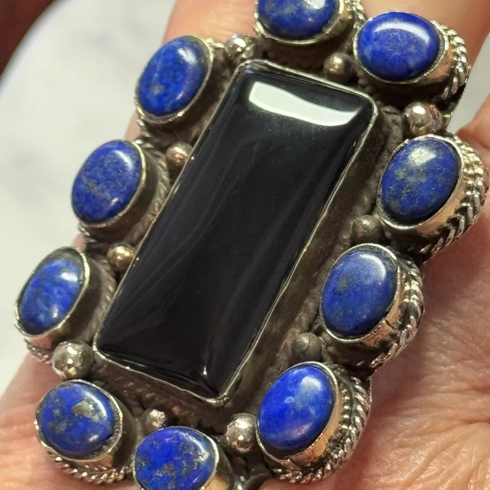 Elegant Black Onyx and Blue Lapis Adjustable Statement Piece Ring - Image 6