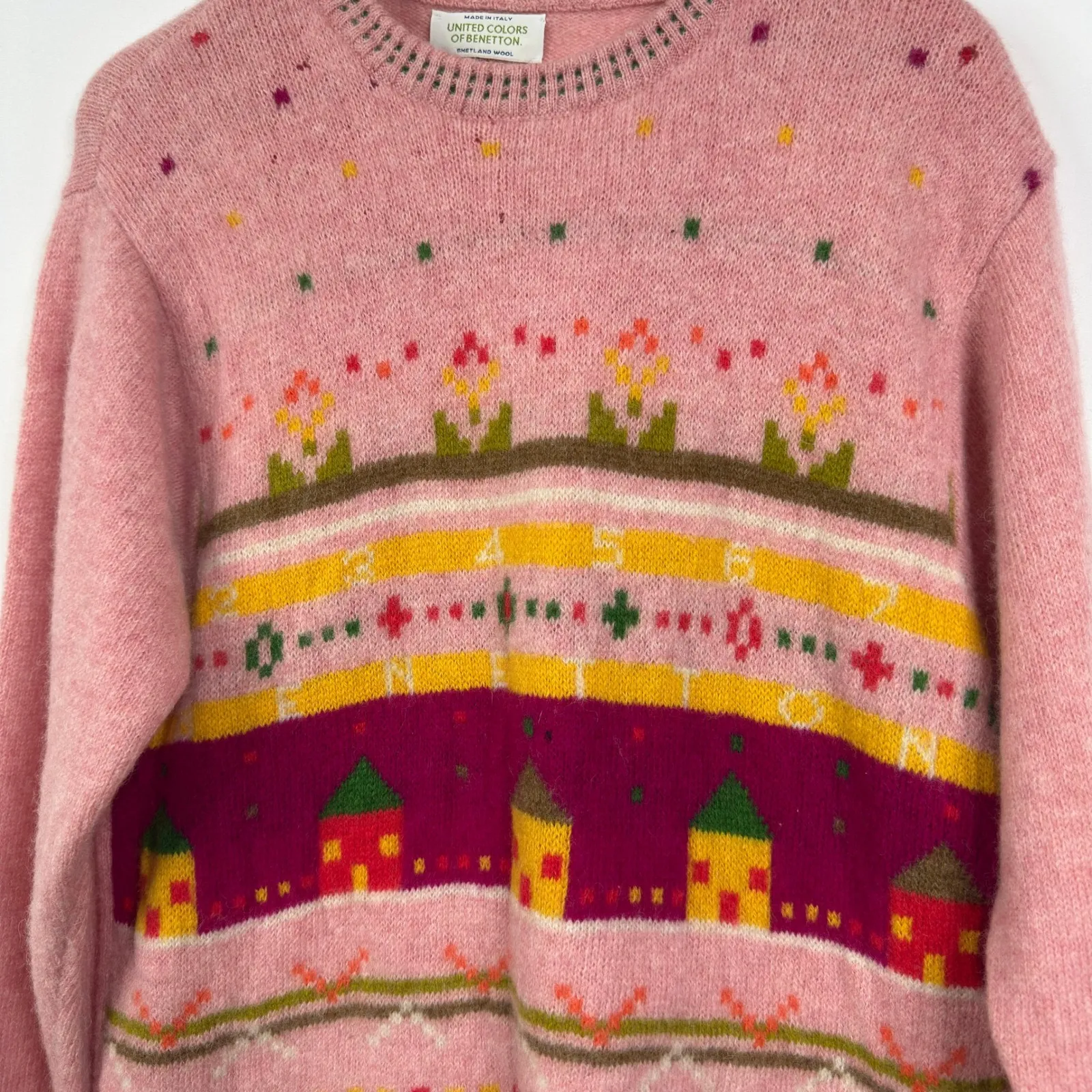 United Colors of Benetton Pink Shetland Wool Novelty Fair Isle Sweater Size M - Image 11