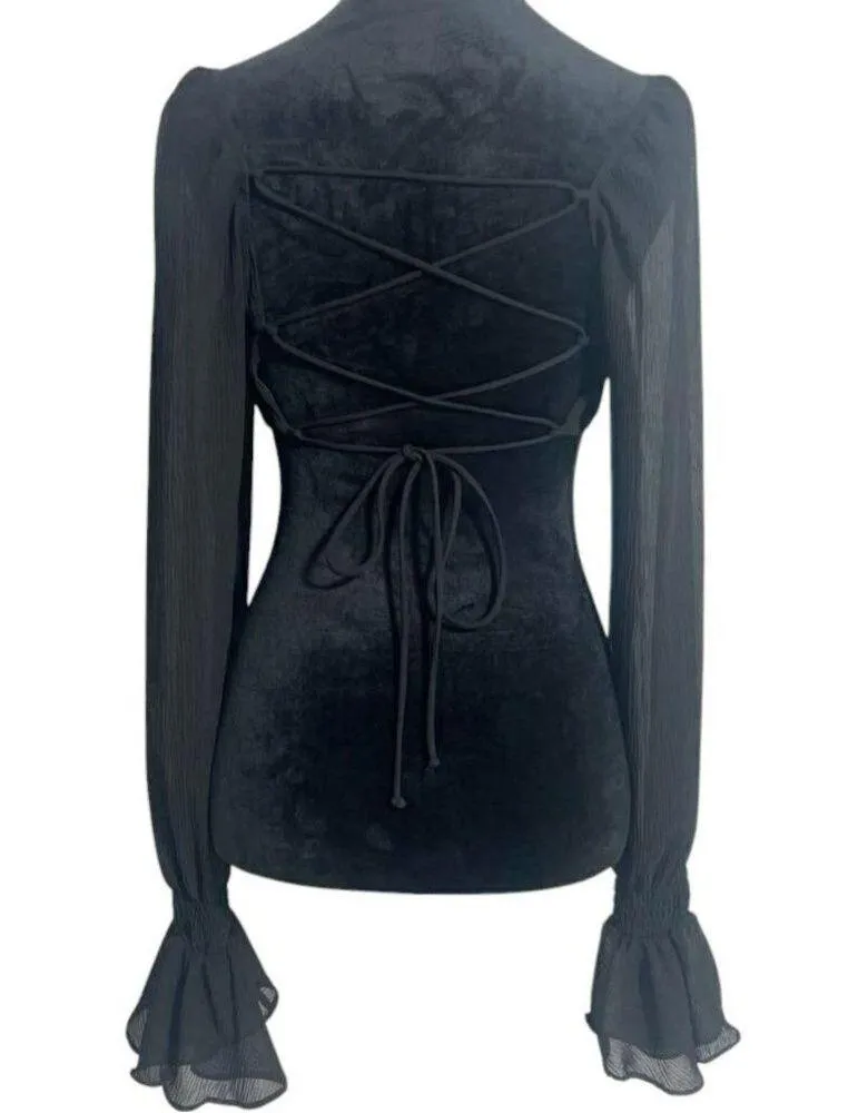 White Fox Size Small  Top Blouse Long Sleeve Black Back Tie Open Sexy - Image 5