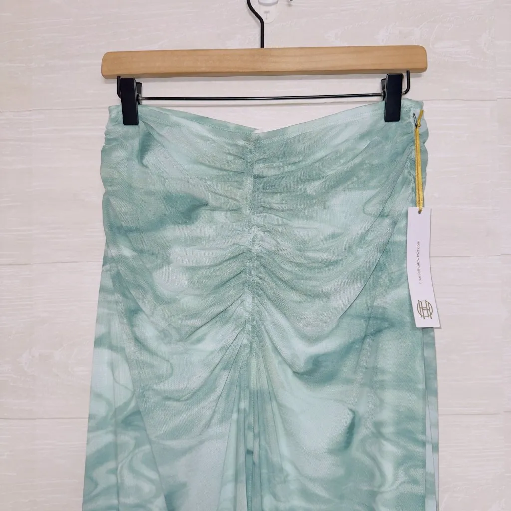 House of Harlow 1960 NWT Women's Size Small Marbled Tie Dye Ruched Midi Skirt Green - Image 4