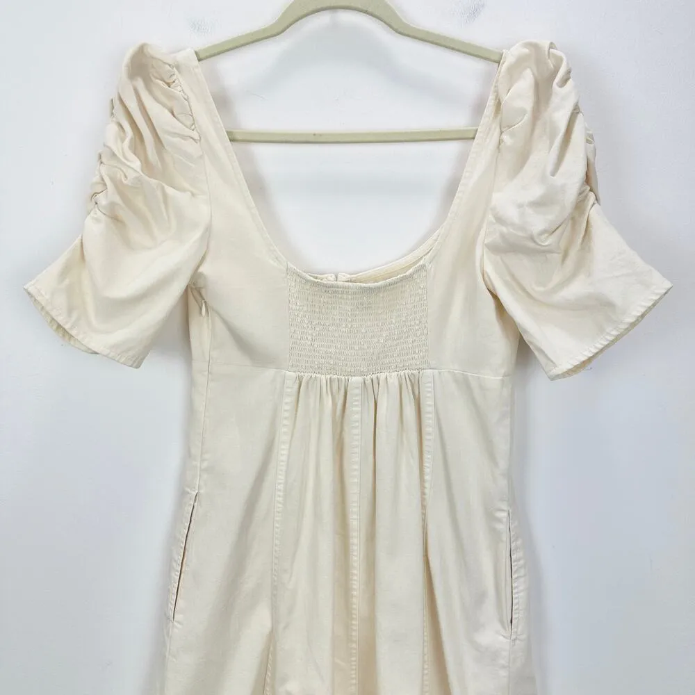 Free People Cheyenne Denim Mini Dress Ivory Puff Sleeve Pockets Coquette Small - Image 8