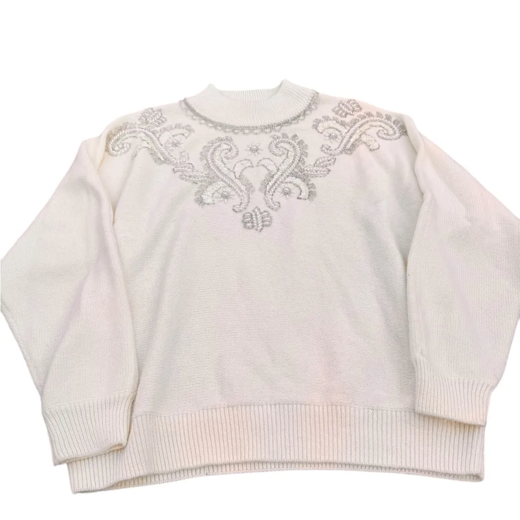Alfred Dunner Petite PL Embellished Ivory Oatmeal Sweater Beaded Sequin Knit Top Size undefined - Image 2