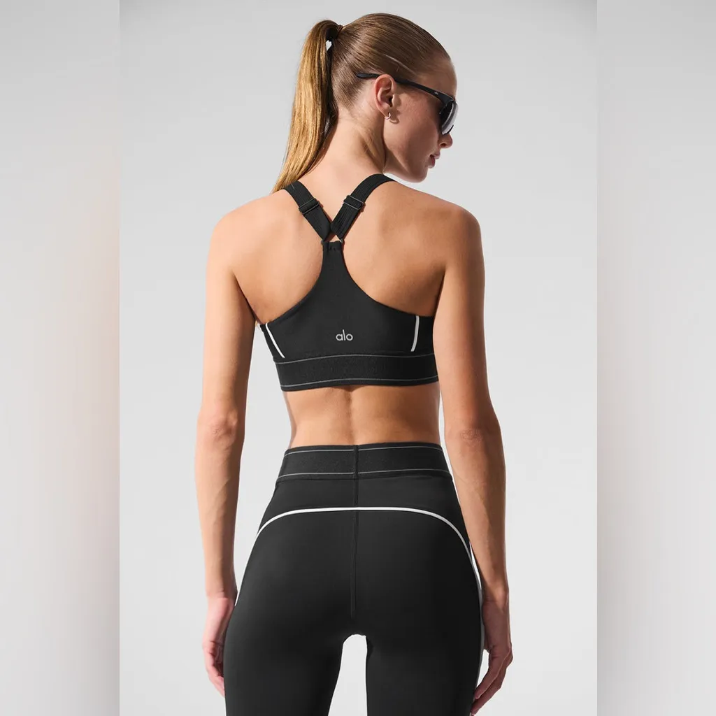 Alo Yoga Airlift Suit Up Bra Black White XS Spell-Out Contour Workout Athleisure - Image 2