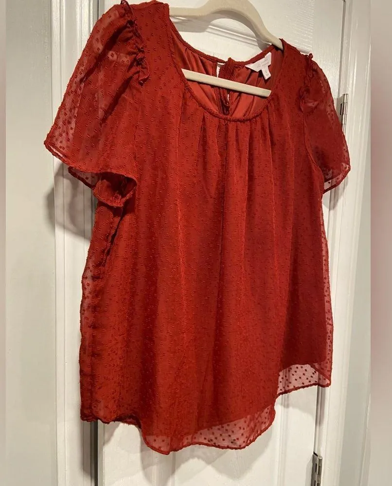 LC Lauren Conrad Size S Brick Red Lined Short Sleeve Textured Tie Back Blouse - Image 3