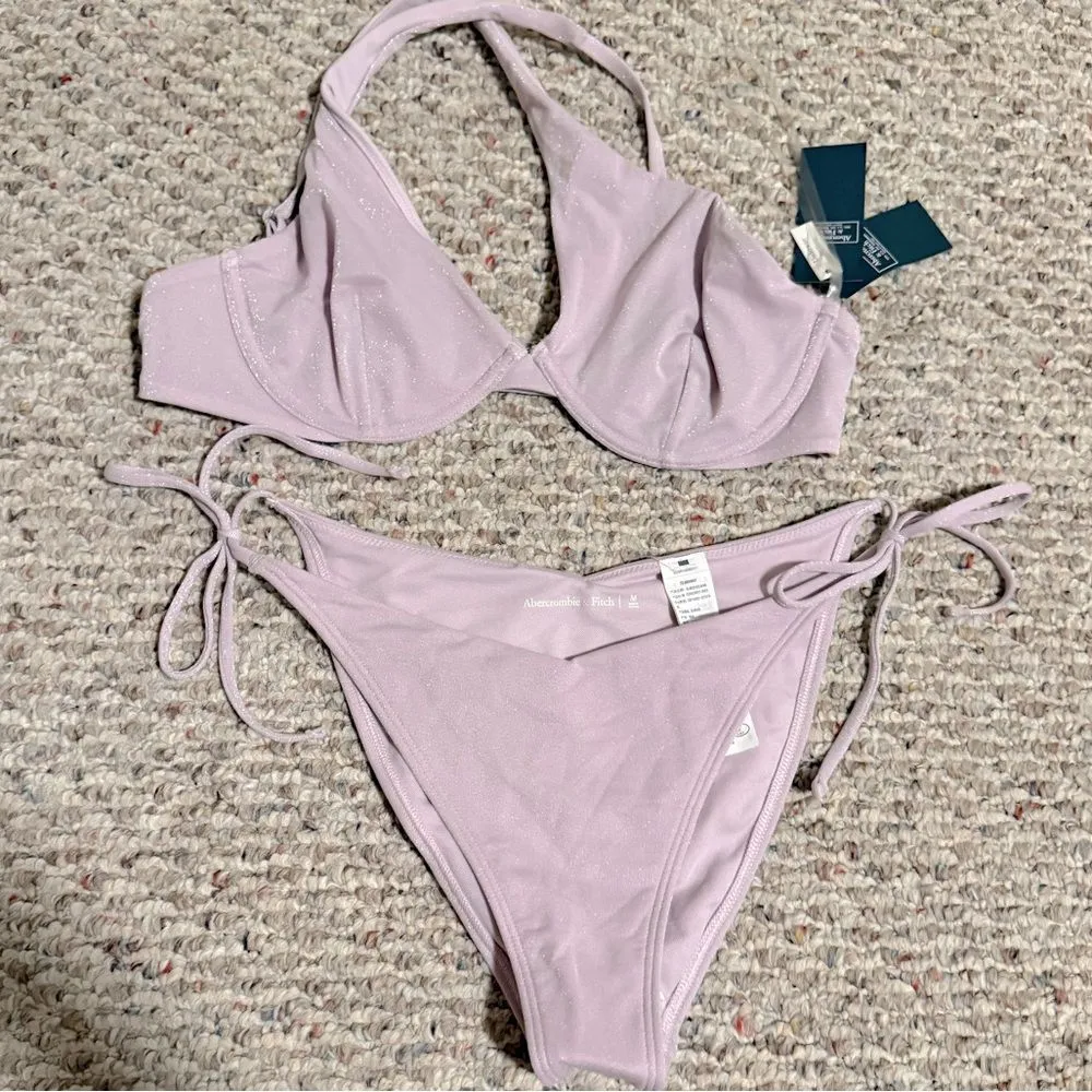 NWT Abercrombie & Fitch Purple Shimmer Asymmetrical String Bikini- Size Medium - Image 2