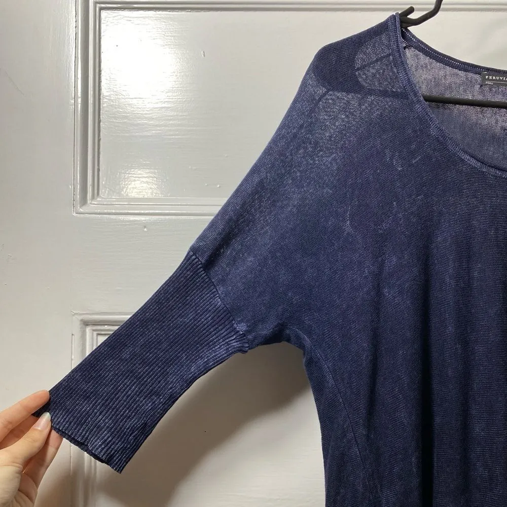 PERUVIAN CONNECTION Pima Cotton Linen Dolman Sleeve Tunic Top Navy Blue Sz Small - Image 3