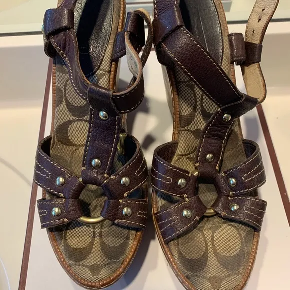 Brown Leather Wood Wedge Sandals Size 8.5 - Image 2