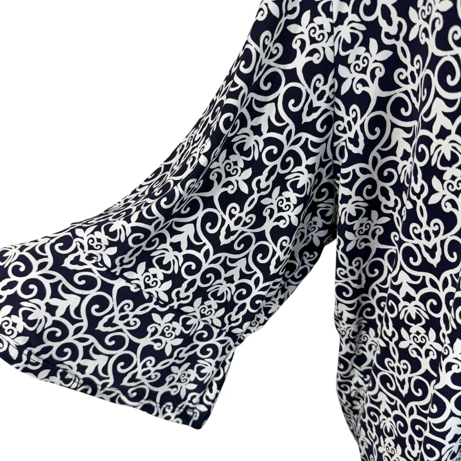 Dressbarn 3X-Large Top Geometric Stretch 3/4 Bell Sleeve Boat Neck Zip Navy Blue - Image 3