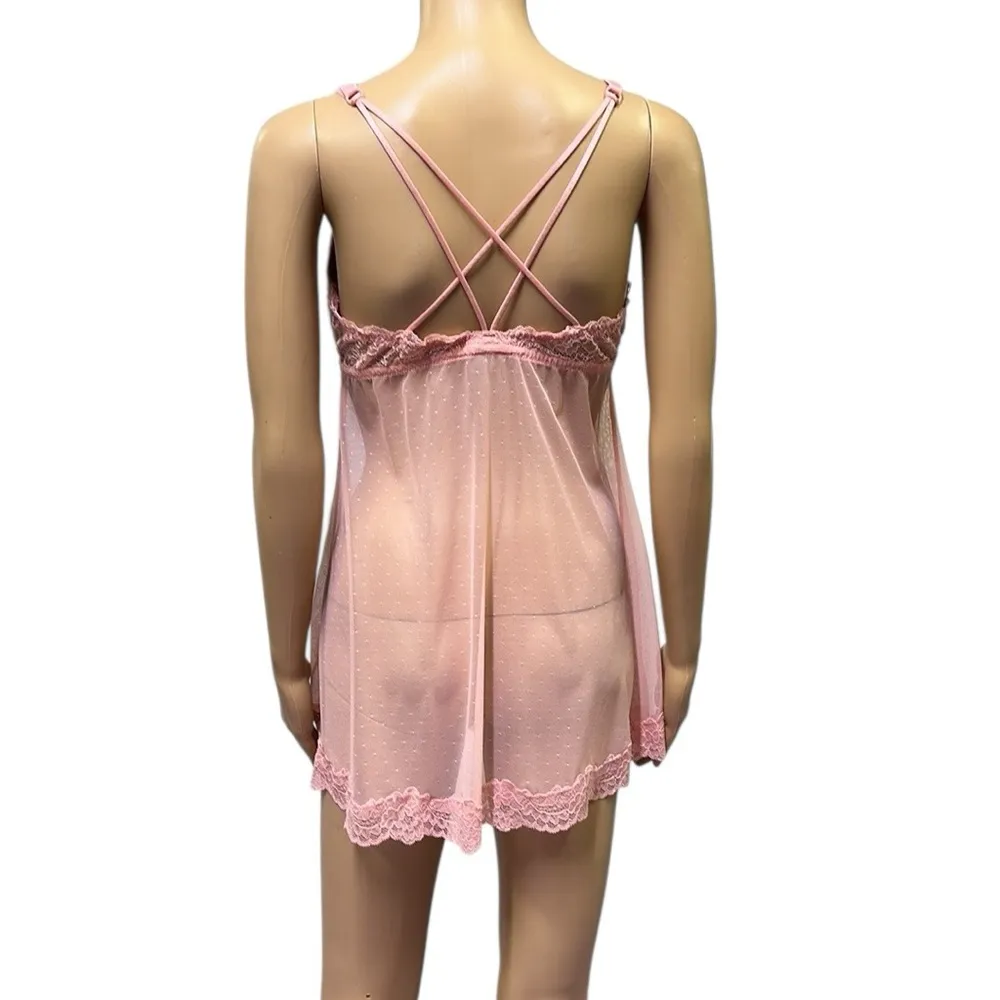Gilligan Omalley Coral Lace Sheer Padded Criss Cross Back Intimate Babydoll L Pink Size L - Image 7