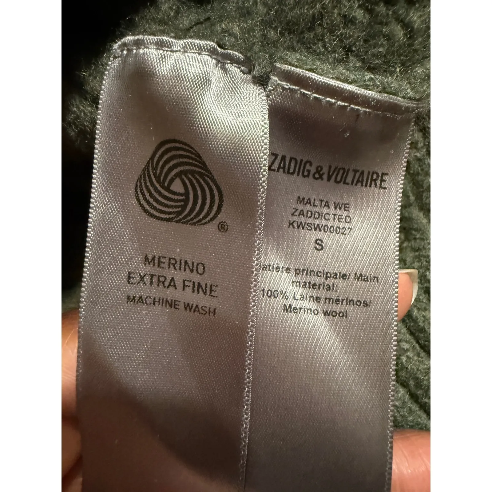 Zadig Voltaire Merino Wool Sweater Green Mock Neck ZADDICTED Pink Logo Size S - Image 6