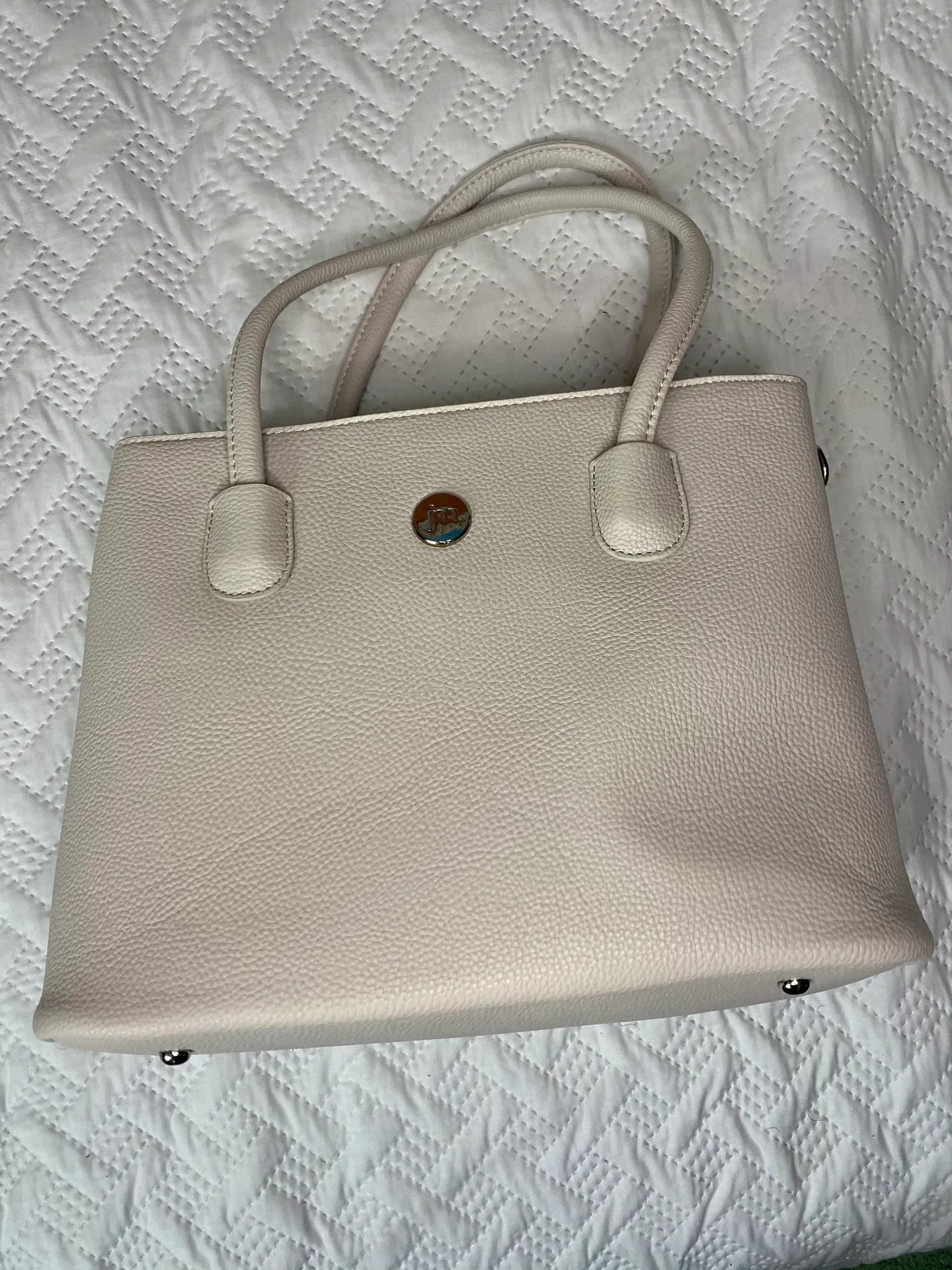 Ivory Faux Leather Work Tote Purse White - Image 3