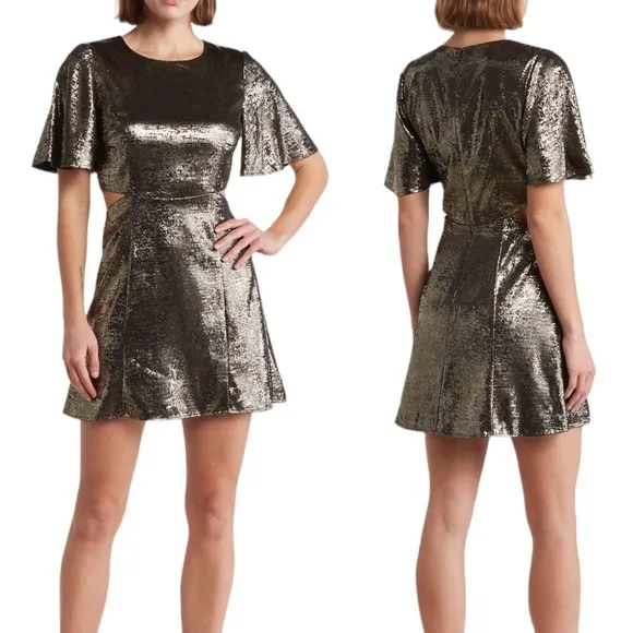 French Connection Alara Metallic Flutter Sleeve Cutout Minidress Gold Size 2 NWT - Image 2