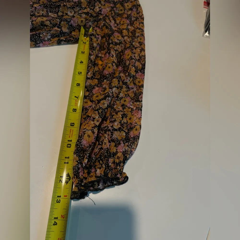 Zara Shift Dress Yellow/Pink/Black Ditsy Floral Dress V-Neck Long Sleeve Size M - Image 6