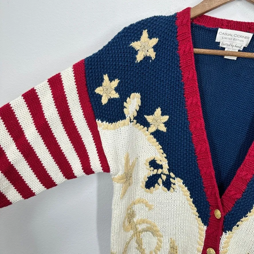 Casual Corner Limited Edition Nautical Anchor Star Striped Knit Cardigan Sweater Blue - Image 4