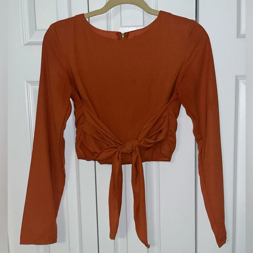 DO+BE Burnt Orange Long Sleeve Crop with Front Tie - Image 2