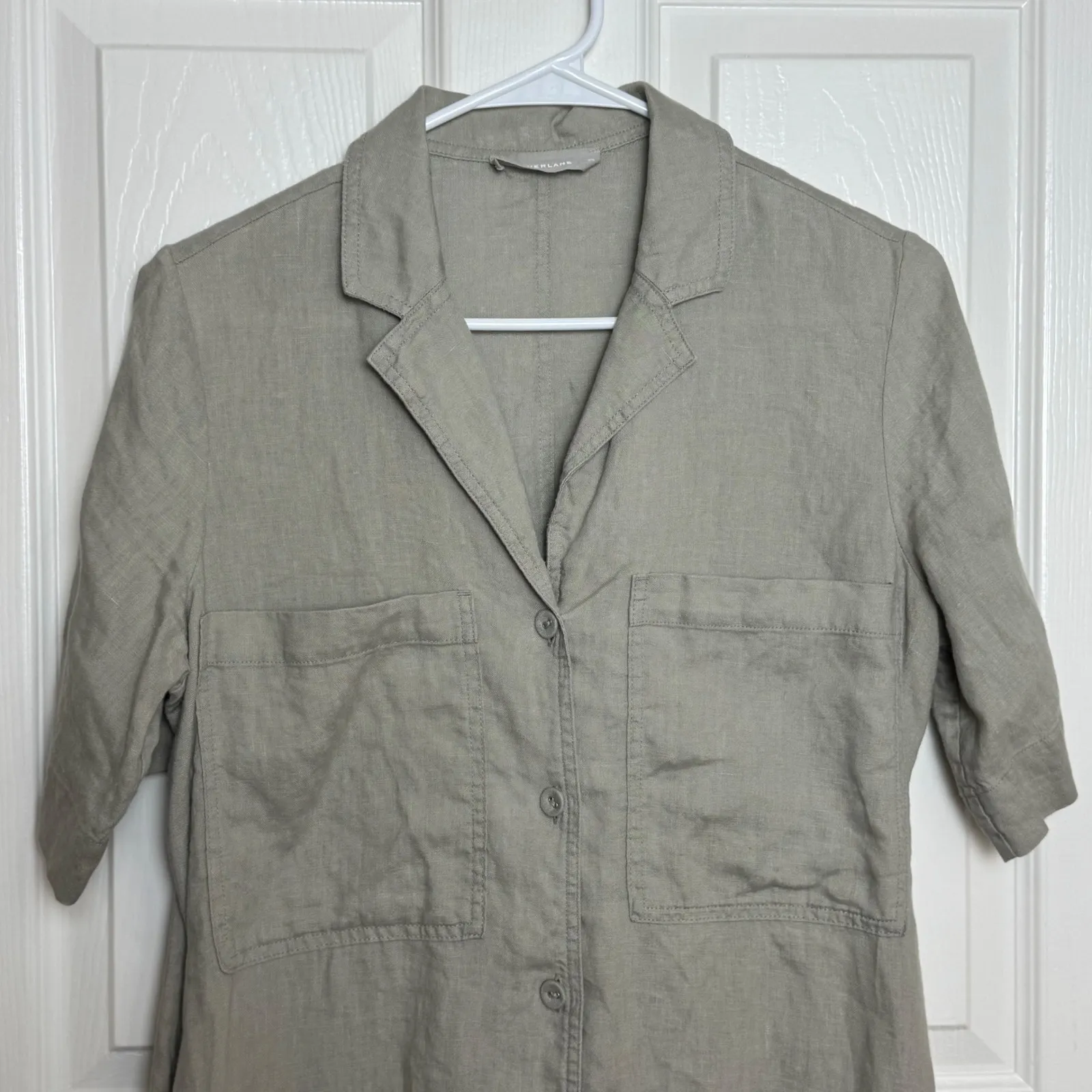 EVERLANE Linen Button Front Shirt Dress Khaki Green Size XS Midi Casual Resort - Image 2