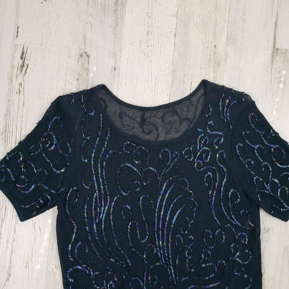 Navy Blue Loose Knit Beaded Embellished Semi - Image 4